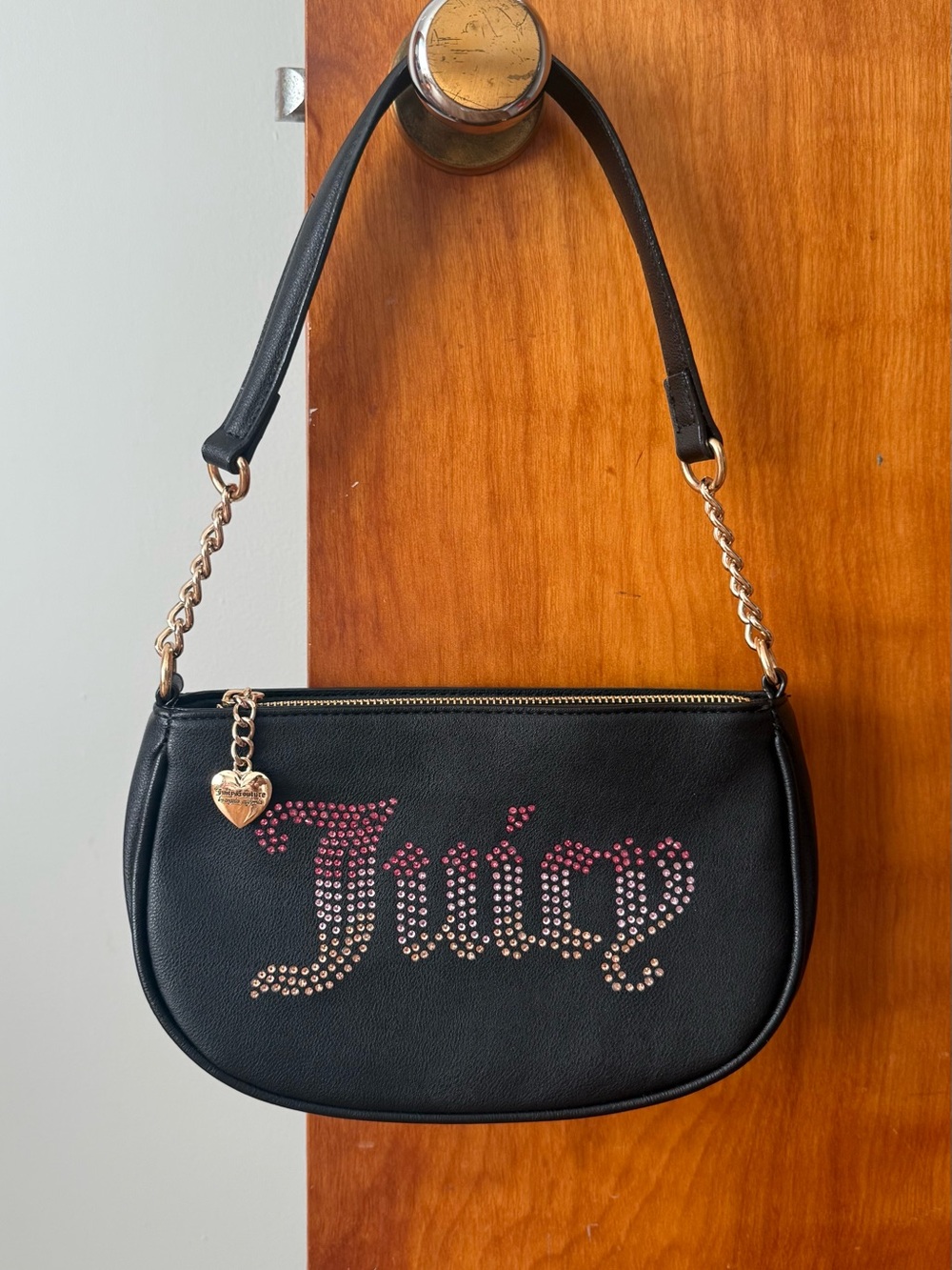 Juicy Couture Black Rhinestone Ombre Logo Shoulder Bag Purse Gold Chain Accent